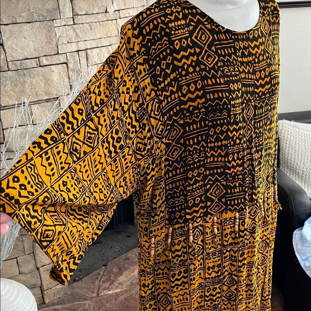 Nubian Queen Dress Vintage Kaftan Size 3X New Geometric Gold/Orange and Black - Picture 3 of 7